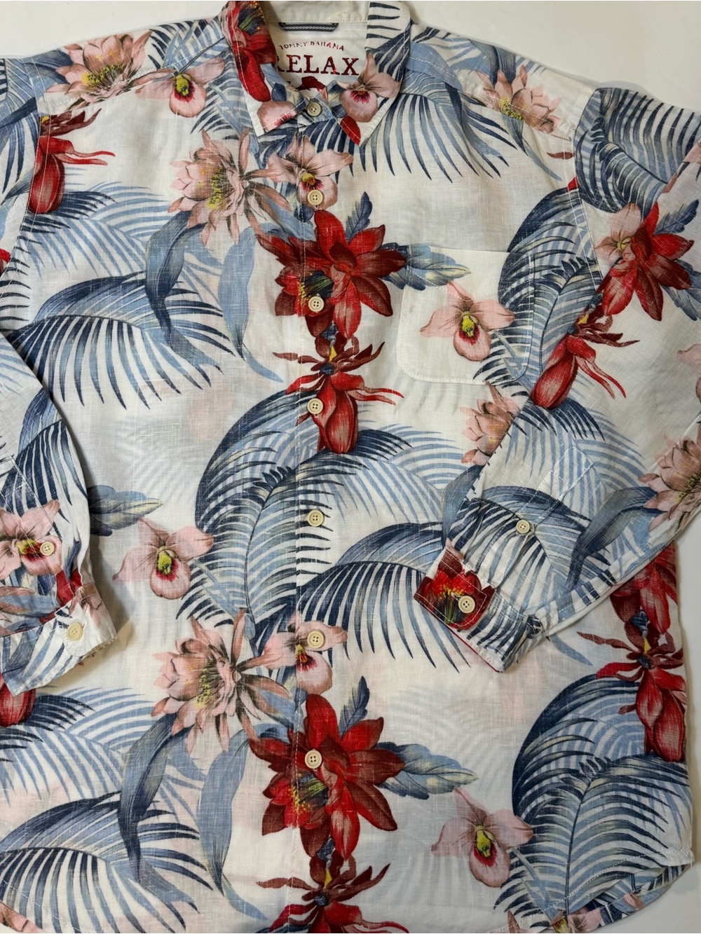 Tommy Bahama linen  Button-Down Shirt with Red & Blue Hawaiian Print